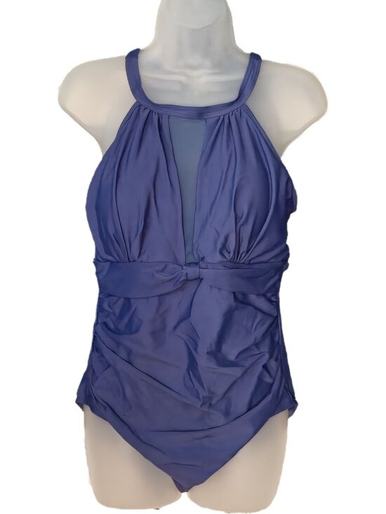 Tempt Me Other - One Piece Swimsuit L Navy Halter Sheer Panels Keyhole Ruched Tummy Control
